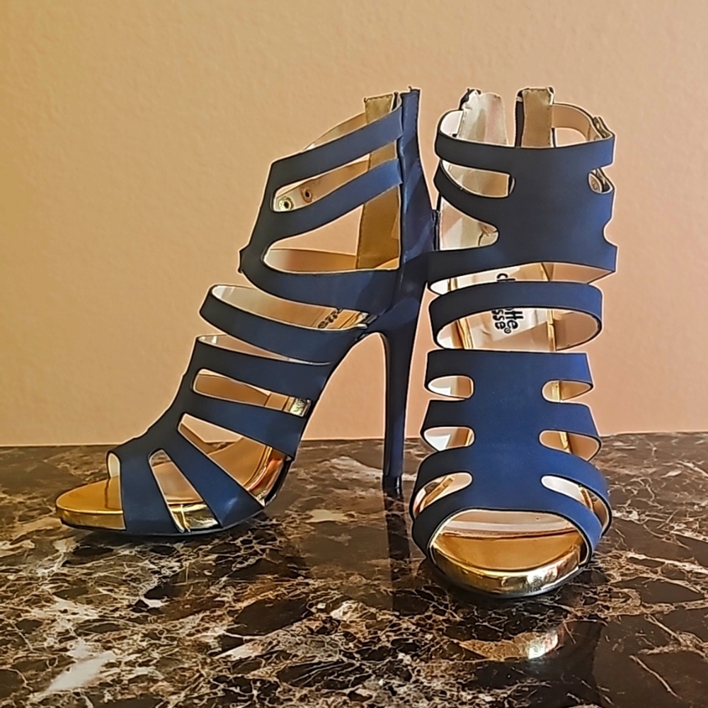 Women's Sandal Shoes - Cutout High Heel Size: 6.Color: Dark Blue Gold details